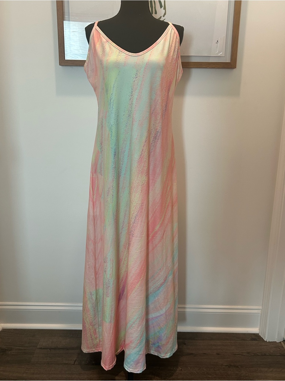 Pastel Tie Dye Maxi Dress XL Flowy Spaghetti Strap Boho Beach Dress